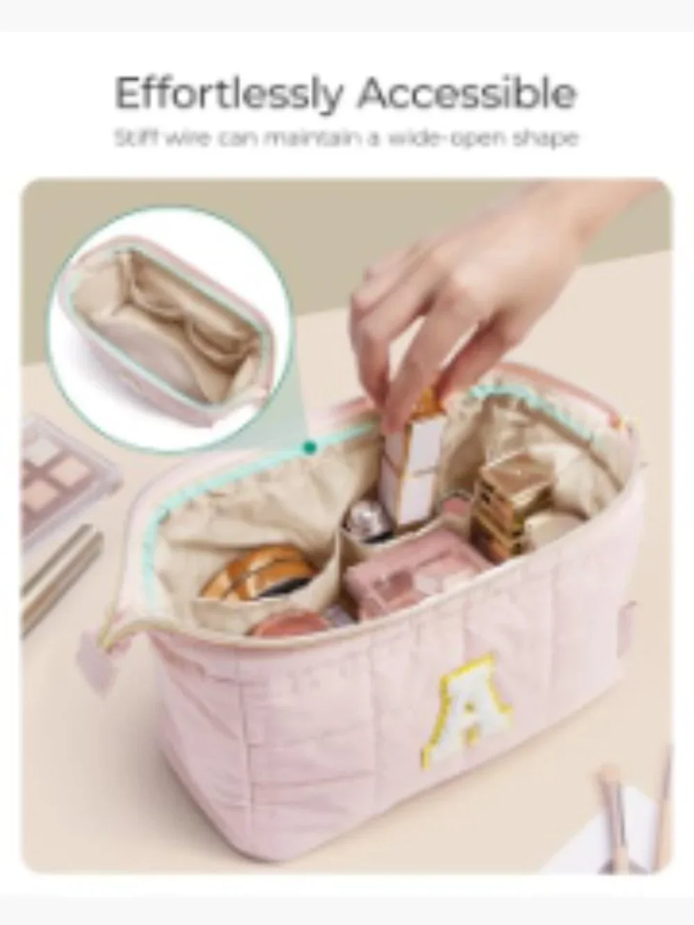 Puffy Padded Makeup Bag, Wide-Open Toiletry Case with Personalized Initial,